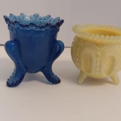 Pair of Rare Degenhart Glass Blue Toothpick Holder and Yellow Witches Pot Toothpick Holder
