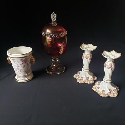 R&B Candlesticks, St. Regis Pot and Ruby Stained Apothecary Jar (D-KD)