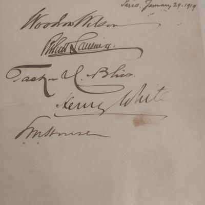 Woodrow Wilson Signature et, al. Historical Document for the January 29, 1919 Paris, France American Commission to Negotiate Peace