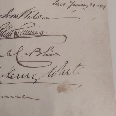 Woodrow Wilson Signature et, al. Historical Document for the January 29, 1919 Paris, France American Commission to Negotiate Peace