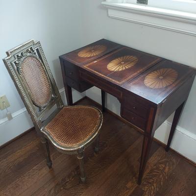 Antique Wood Inlay Vanity w/ Cane Seat Chair (B1-BBL)
