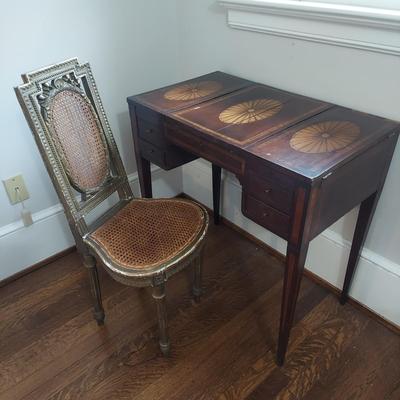 Antique Wood Inlay Vanity w/ Cane Seat Chair (B1-BBL)