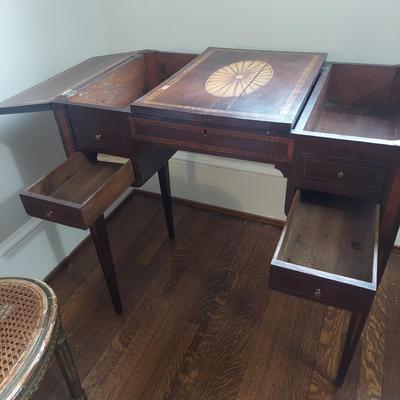 Antique Wood Inlay Vanity w/ Cane Seat Chair (B1-BBL)