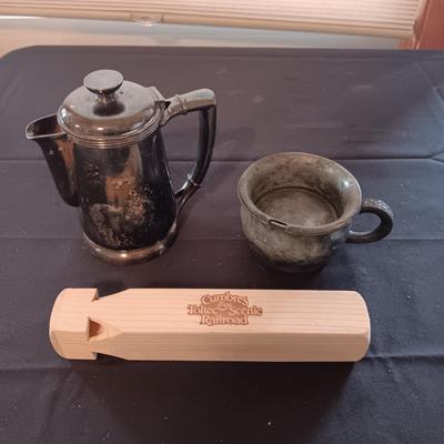 UNION PACIFIC RAILROAD TEAPOT, PLATED CUP WITH INSERT AND TRAIN WHISTLE