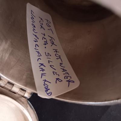 UNION PACIFIC RAILROAD TEAPOT, PLATED CUP WITH INSERT AND TRAIN WHISTLE