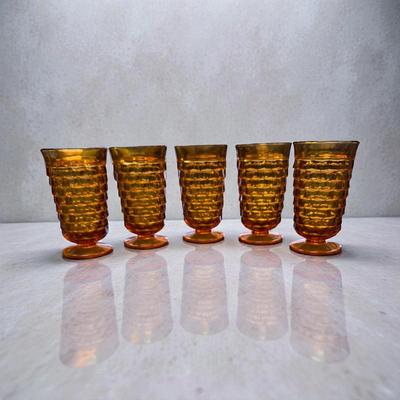 Vintage Whitehall Colony Cubist Amber Glass Footed 6" Tumblers Set of 5
