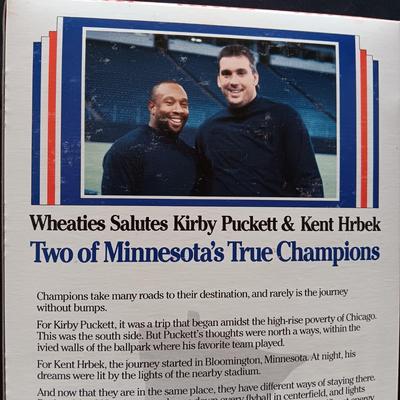 AUTOGRAPHED WHEATIES CEREAL BOX BY KIRBY PICKETT & KENT HRBEK