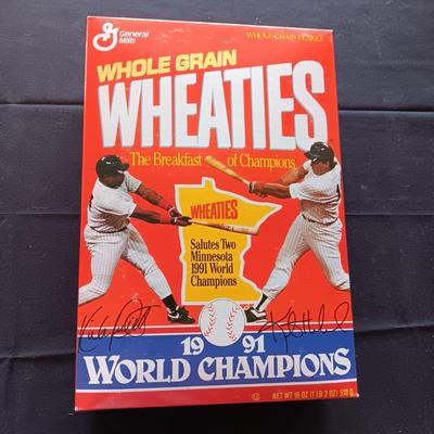 AUTOGRAPHED WHEATIES CEREAL BOX BY KIRBY PICKETT & KENT HRBEK