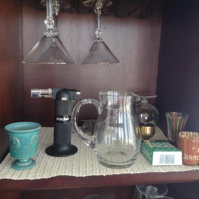 Collection of Bar Ware- Glasses, Wine Opener, Torch, Shaker, etc.