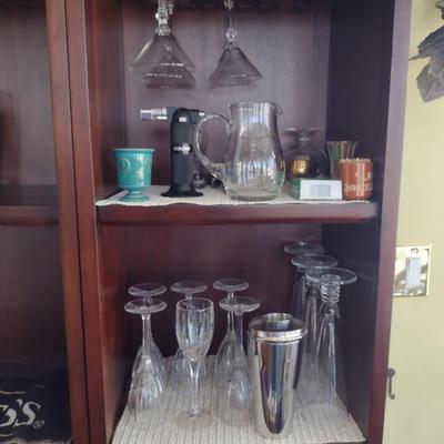 Collection of Bar Ware- Glasses, Wine Opener, Torch, Shaker, etc.