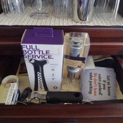 Collection of Bar Ware- Glasses, Wine Opener, Torch, Shaker, etc.