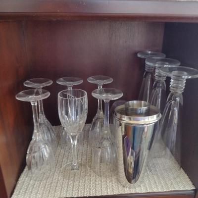 Collection of Bar Ware- Glasses, Wine Opener, Torch, Shaker, etc.