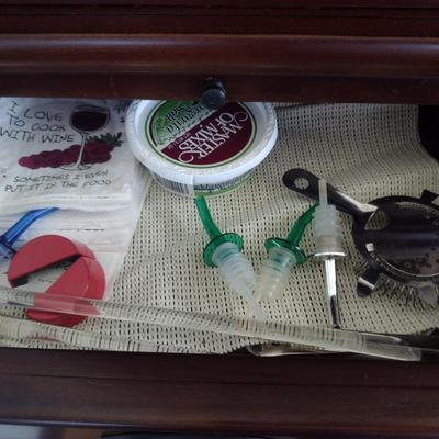 Collection of Bar Ware- Glasses, Wine Opener, Torch, Shaker, etc.