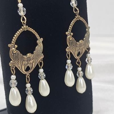 Vintage Art Nouveau Style Gold-Tone Chandelier Earrings with Faux Pearl & Crystal Drops