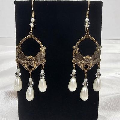 Vintage Art Nouveau Style Gold-Tone Chandelier Earrings with Faux Pearl & Crystal Drops