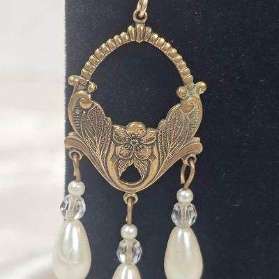 Vintage Art Nouveau Style Gold-Tone Chandelier Earrings with Faux Pearl & Crystal Drops