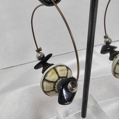 Handcrafted Artisan Hoop Earrings with Cream Mosaic Beads & Black Stone Accents