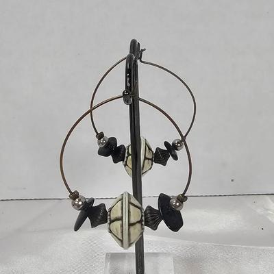 Handcrafted Artisan Hoop Earrings with Cream Mosaic Beads & Black Stone Accents