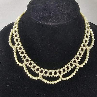 Vintage Multi-Strand Faux Pearl Necklace in Cream Tone with Gold-Tone Adjustable Drop Clasp