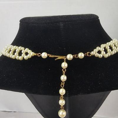 Vintage Multi-Strand Faux Pearl Necklace in Cream Tone with Gold-Tone Adjustable Drop Clasp