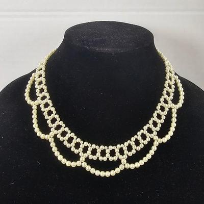 Vintage Multi-Strand Faux Pearl Necklace in Cream Tone with Gold-Tone Adjustable Drop Clasp