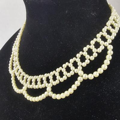 Vintage Multi-Strand Faux Pearl Necklace in Cream Tone with Gold-Tone Adjustable Drop Clasp