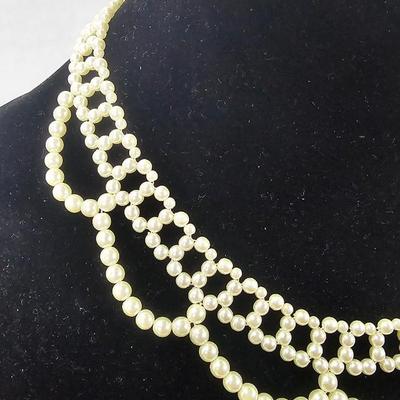 Vintage Multi-Strand Faux Pearl Necklace in Cream Tone with Gold-Tone Adjustable Drop Clasp