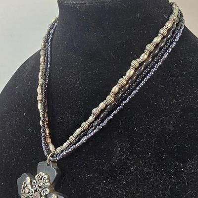 Vintage Multi-Strand Beaded Necklace with Ornate Cross Pendant in Black and Antiqued Silver Tones