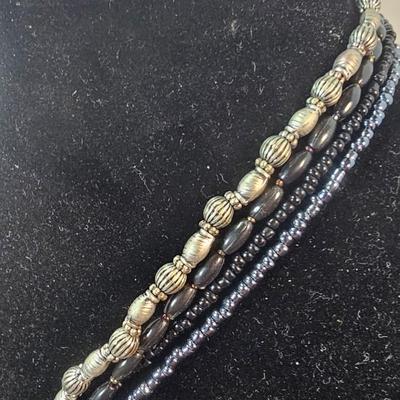 Vintage Multi-Strand Beaded Necklace with Ornate Cross Pendant in Black and Antiqued Silver Tones