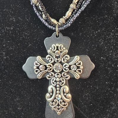 Vintage Multi-Strand Beaded Necklace with Ornate Cross Pendant in Black and Antiqued Silver Tones