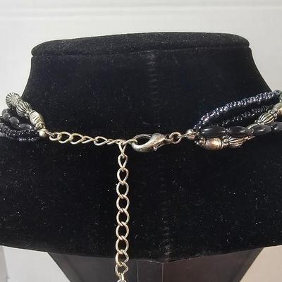 Vintage Multi-Strand Beaded Necklace with Ornate Cross Pendant in Black and Antiqued Silver Tones