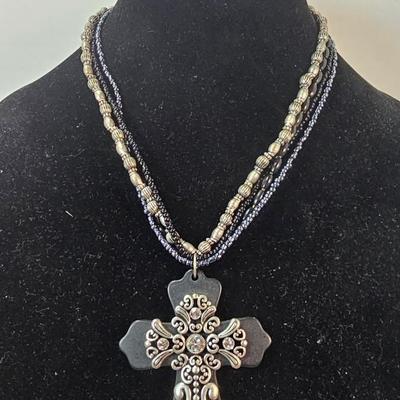Vintage Multi-Strand Beaded Necklace with Ornate Cross Pendant in Black and Antiqued Silver Tones