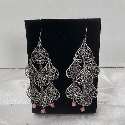 Vintage Silver-Tone Filigree Chandelier Earrings with Blush Glass Bead Accents