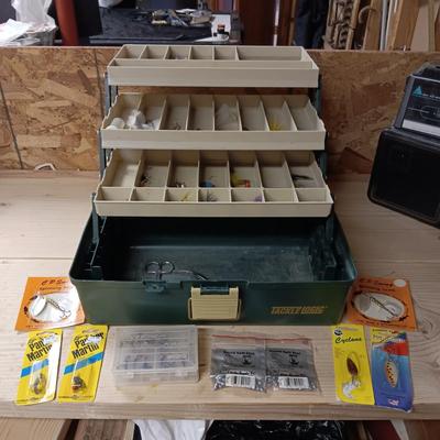 3 TIER SHELF TACKLE BOX AND A VARIETY OF TACKLE