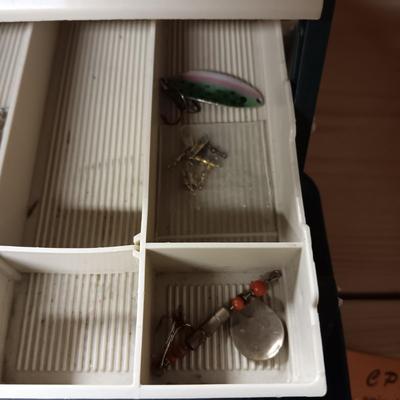 3 TIER SHELF TACKLE BOX AND A VARIETY OF TACKLE