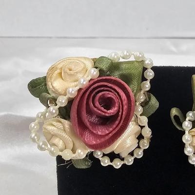 Vintage Handmade Ribbon Rose Earrings with Faux Pearl Accents | Floral Statement Jewelry