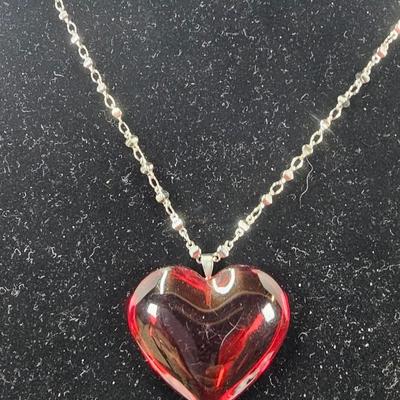 Crimson Heart Faceted Glass Pendant Necklace – Silver-Tone Beaded Chain