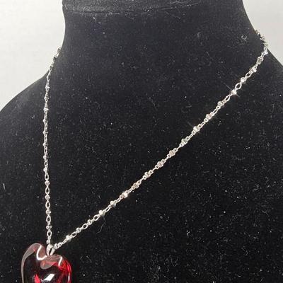 Crimson Heart Faceted Glass Pendant Necklace – Silver-Tone Beaded Chain