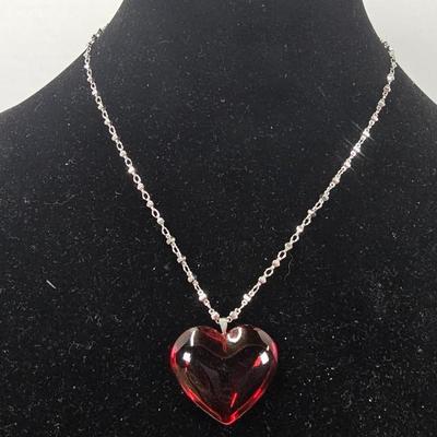 Crimson Heart Faceted Glass Pendant Necklace – Silver-Tone Beaded Chain