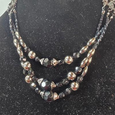 Vintage Black & Silver Multi-Strand Beaded Necklace with Faceted Glass and Metallic Accents