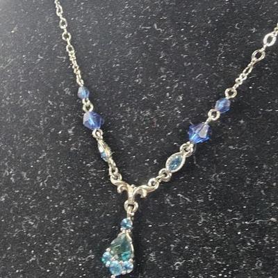 1928 Jewelry Blue Crystal Drop Necklace with Silver-Tone Chain and Faceted Accents