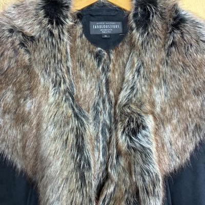New Donna Salyers Fabulous Faux Fur Coat Black Faux Suede XL