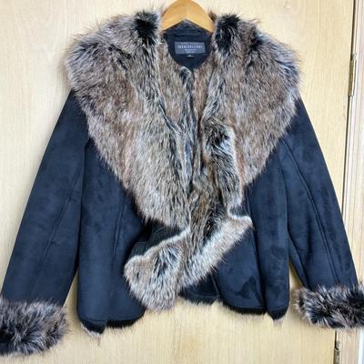 New Donna Salyers Fabulous Faux Fur Coat Black Faux Suede XL