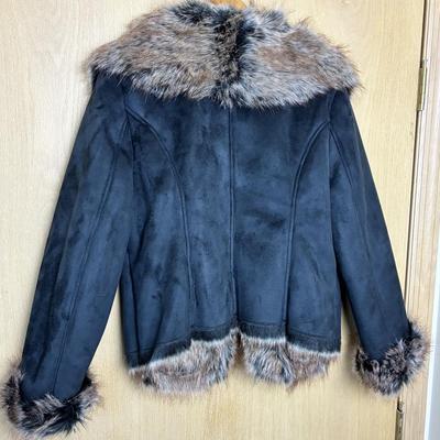 New Donna Salyers Fabulous Faux Fur Coat Black Faux Suede XL