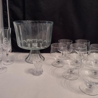 Collection of Glassware- Trifle Bowl, Serving Glasses, Champagne Flutes, Toothpick Holder