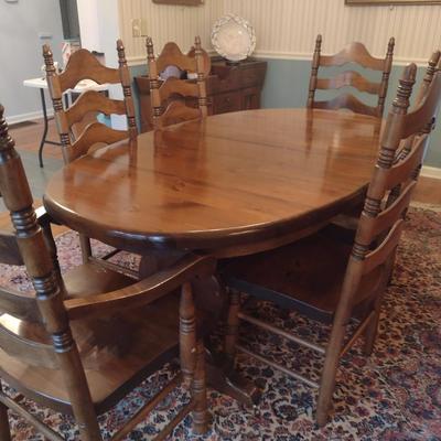 Solid Wood Dining Table with Six Ladder Back Chairs- Possibly Ethan Allen