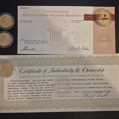 Sale Photo Thumbnail #16: This lot is for 4 uncirculated 24kt gold plated presidential coins. 2 Coins come with a certificate of authenticity, The other 2 Are sealed w/o a COA