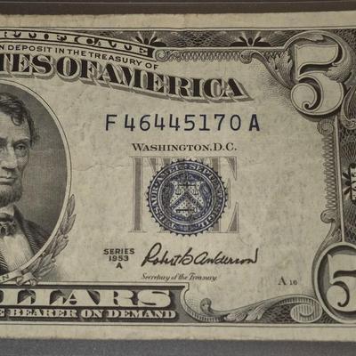 Sale Photo Thumbnail #158: 1953A $5 Silver Certificate Error   no 'IN GOD WE TRUST' on back