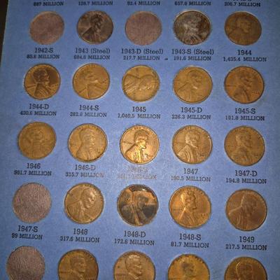 Sale Photo Thumbnail #279: Lincoln Pennies 64 total pennies including steel pennies 1943. this is an incomplete set. please look at all the photos for condition as well.