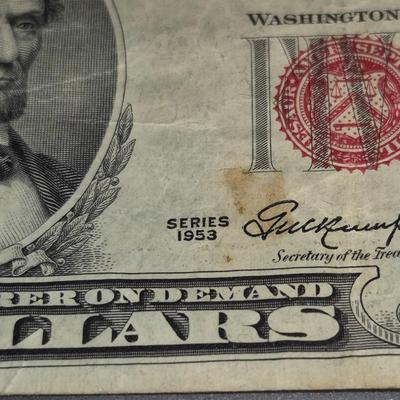 Sale Photo Thumbnail #293: 1953 Red Seal $5 Bill. This is the last year that there was no motto on the back.